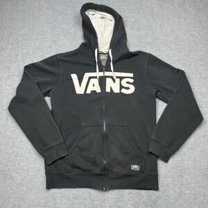 Vans Full Zip Hoodie Mens Small Black Skate Streetwear Sweatshirt Distressed Y2k